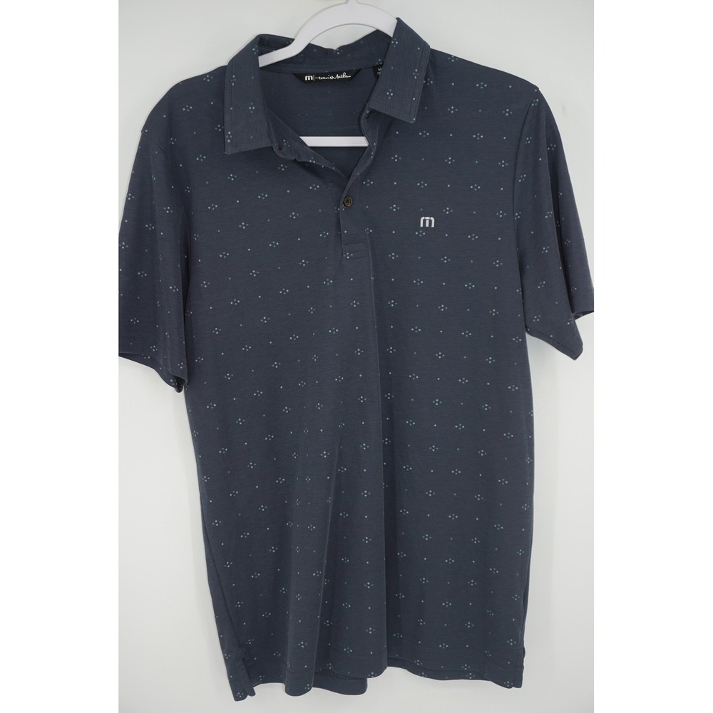 Travis Mathew Polo Shirt Mens Medium Blue Micro Polka Dot Golf Performance Knit‎